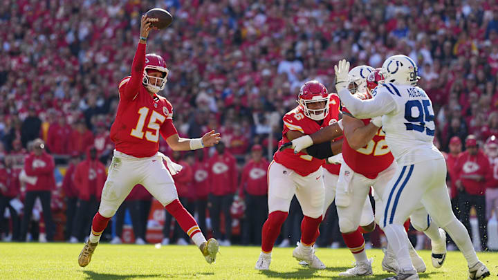 Nov 23, 2025; Kansas City, Missouri, USA; Kansas City Chiefs quarterback Patrick Mahomes (15) throws a pass against the Indianapolis Colts in the first half at GEHA Field at Arrowhead Stadium. Mandatory Credit: Jay Biggerstaff-Imagn Images