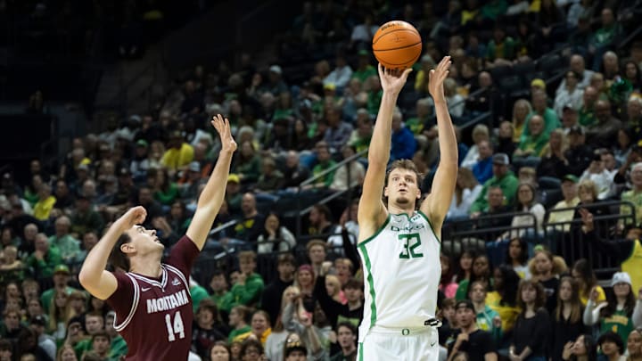 Oregon center Nate Bittle puts up a shot for three as the Oregon Ducks host the Montana Grizzlies at Matthew Knight Arena Friday, Nov. 8, 2024 in Eugene, Ore.