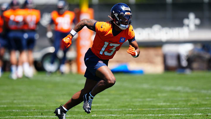 May 10, 2025; Englewood, CO, USA; Denver Broncos wide receiver Pat Bryant (13) during rookie minicamp at Broncos Park Powered by CommonSpirit. 