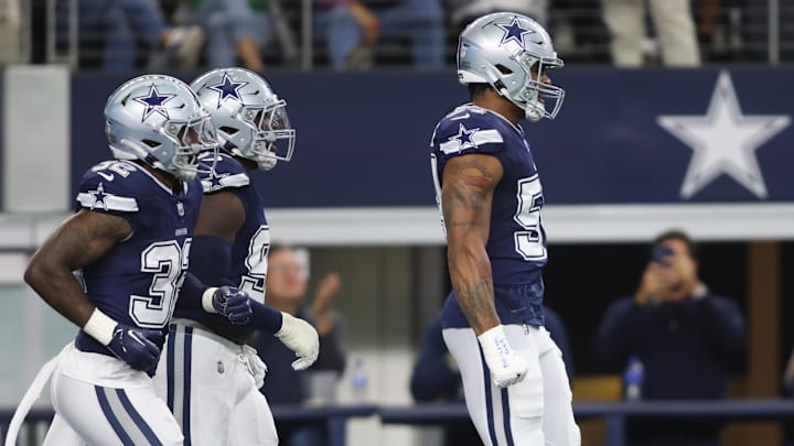 Dallas Cowboys DE Sam Williams reacts after blocking a punt for a safety in the second quarter against the Los Angeles Rams.