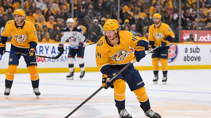 Oct 9, 2025; Nashville, Tennessee, USA; Nashville Predators center Brady Martin (44) skates with the puck against the Columbus Blue Jackets during the second period at Bridgestone Arena. Oct 9, 2025; Nashville, Tennessee, USA; Nashville Predators center Brady Martin (44) skates with the puck against the Columbus Blue Jackets during the second period at Bridgestone Arena.