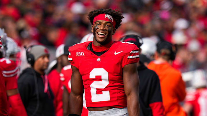 Ohio State safety Caleb Downs smiles during a game against Purdue.