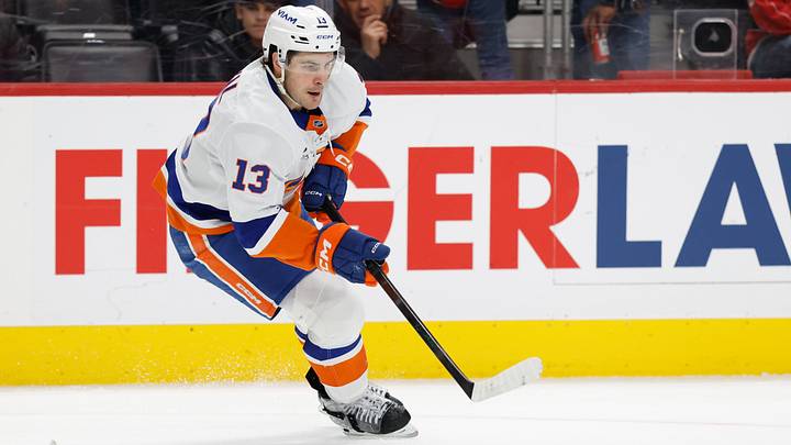 Dec 16, 2025; Detroit, Michigan, USA; New York Islanders center Mathew Barzal (13) skates with the puck in the first period against the Detroit Red Wings at Little Caesars Arena. Mandatory Credit: Rick Osentoski-Imagn Images Dec 16, 2025; Detroit, Michigan, USA; New York Islanders center Mathew Barzal (13) skates with the puck in the first period against the Detroit Red Wings at Little Caesars Arena. Mandatory Credit: Rick Osentoski-Imagn Images