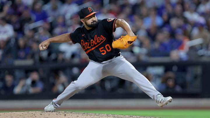 Sep 14, 2026; New York City, New York, USA; Baltimore Orioles relief pitcher Rico Garcia (50) pitches against the New York Mets during the ninth inning at Citi Field. Mandatory Credit: Brad Penner-Imagn Images