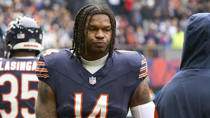Oct 13, 2024; London, United Kingdom; Chicago Bears tight end Gerald Everett (14) during an NFL International Series game at Tottenham Hotspur Stadium.
