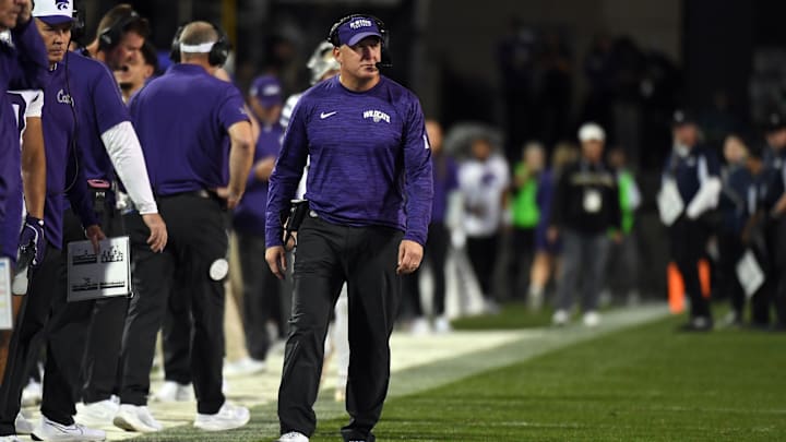Oct 12, 2024; Boulder, Colorado, USA; Kansas State Wildcats head coach Chris Klieman looks on from the sideline during the first half against the Colorado Buffaloes at Folsom Field. Mandatory Credit: Christopher Hanewinckel-Imagn Images Oct 12, 2024; Boulder, Colorado, USA; Kansas State Wildcats head coach Chris Klieman looks on from the sideline during the first half against the Colorado Buffaloes at Folsom Field. Mandatory Credit: Christopher Hanewinckel-Imagn Images