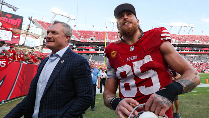 Nov 10, 2024; Tampa, Florida, USA; San Francisco 49ers tight end George Kittle (85) celebrates after beating the Tampa Bay Buccaneers at Raymond James Stadium. Mandatory Credit: Nathan Ray Seebeck-Imagn Images