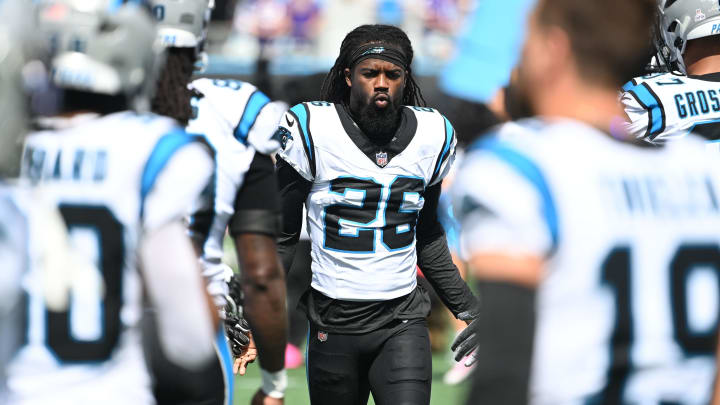 Oct 1, 2023; Charlotte, North Carolina, USA; Carolina Panthers cornerback Donte Jackson (26) runs on to the field at Bank of America Stadium. Mandatory Credit: Bob Donnan-USA TODAY Sports