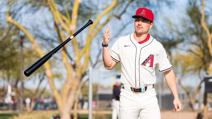 Feb 19, 2025; Scottsdale, AZ, USA; Arizona Diamondbacks outfielder Corbin Carroll (7) poses for a portrait for MLB Media Day at Salt River Fields.  Mandatory Credit: Allan Henry-Imagn Images