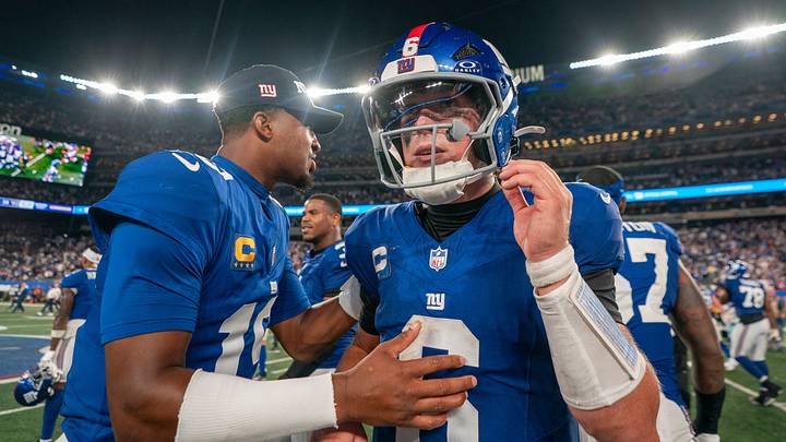 New York Giants quarterback Jameis Winston (19) celebrates with New York Giants quarterback Jaxson Dart (6) after a 28-20 victory during week one opening game between the New York Giants and Dallas Cowboys at Metlife Stadium on Sunday, Sept. 13, 2026, in East Rutherford, NJ. New York Giants quarterback Jameis Winston (19) celebrates with New York Giants quarterback Jaxson Dart (6) after a 28-20 victory during week one opening game between the New York Giants and Dallas Cowboys at Metlife Stadium on Sunday, Sept. 13, 2026, in East Rutherford, NJ.