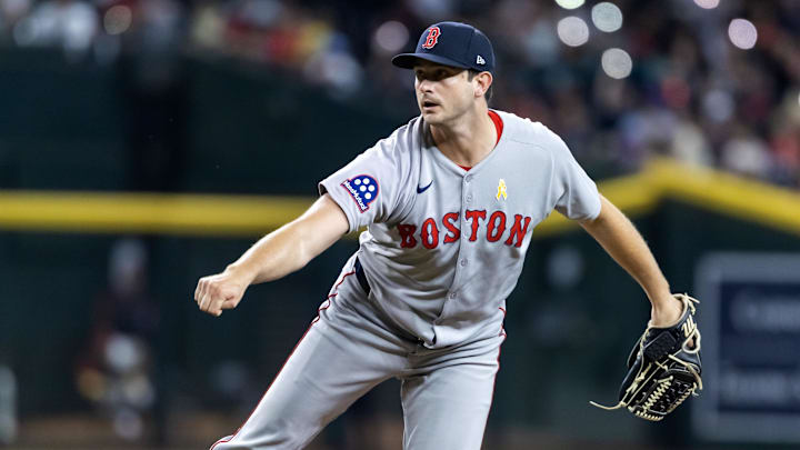 Sep 7, 2025; Phoenix, Arizona, USA; Boston Red Sox pitcher Garrett Whitlock (22) against the Arizona Diamondbacks at Chase Field. Mandatory Credit: Mark J. Rebilas-Imagn Images
