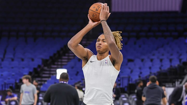 Nov 14, 2025; Orlando, Florida, USA; Brooklyn Nets forward Noah Clowney (21) warms up before the game against the Orlando Magic at Kia Center. Mandatory Credit: Mike Watters-Imagn Images