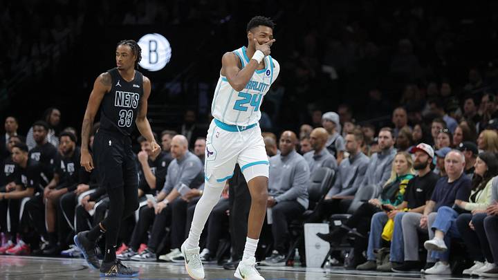 Charlotte Hornets forward Brandon Miller (24) celebrates his three point shot against Brooklyn Charlotte Hornets forward Brandon Miller (24) celebrates his three point shot against Brooklyn