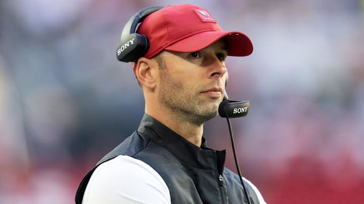 Dec 21, 2025; Glendale, Arizona, USA;  Arizona Cardinals head coach Jonathan Gannon against the Atlanta Falcons at State Farm Stadium. Mandatory Credit: Mark J. Rebilas-Imagn Images
