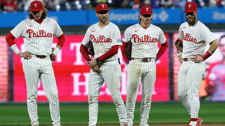 Sep 26, 2026; Philadelphia, Pennsylvania, USA; From right to left Bryce Harper and Bryson Stott and Trea Turner and Alec Bohm look on during a pitching change during the fifth inning against the Tampa Bay Rays at Citizens Bank Park. Mandatory Credit: Bill Streicher-Imagn Images Sep 26, 2026; Philadelphia, Pennsylvania, USA; From right to left Bryce Harper and Bryson Stott and Trea Turner and Alec Bohm look on during a pitching change during the fifth inning against the Tampa Bay Rays at Citizens Bank Park. Mandatory Credit: Bill Streicher-Imagn Images