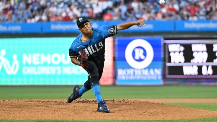 Jul 12, 2024; Philadelphia, Pennsylvania, USA; Philadelphia Phillies starting pitcher Ranger Suarez (55) throws a pitch against the Oakland Athletics in the first inning at Citizens Bank Park.