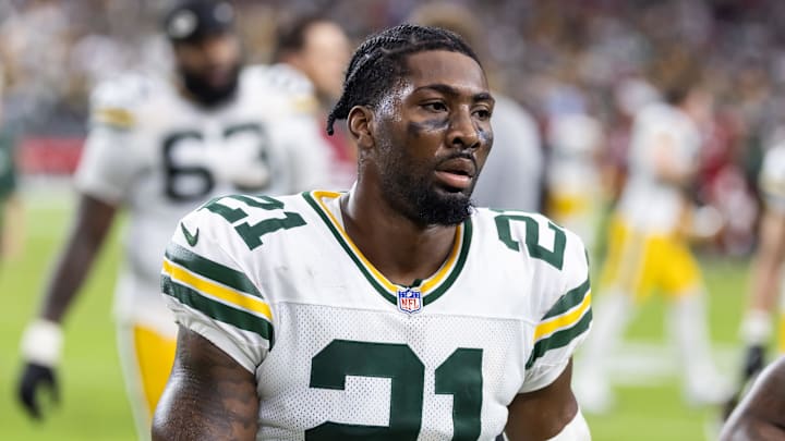 Oct 19, 2025; Glendale, Arizona, USA; Green Bay Packers cornerback Nate Hobbs (21) against the Arizona Cardinals at State Farm Stadium. Mandatory Credit: Mark J. Rebilas-Imagn Images