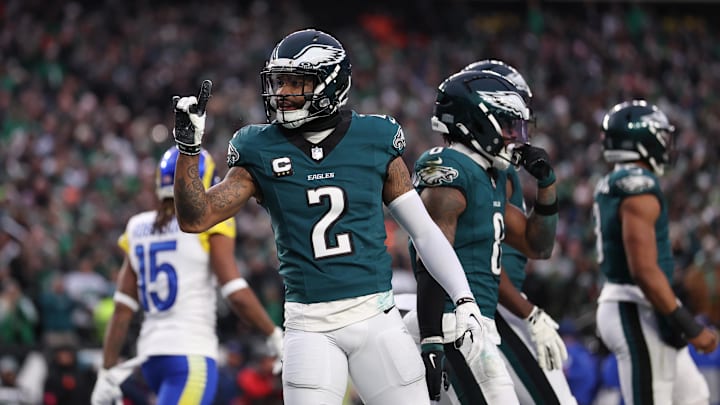 Jan 19, 2025; Philadelphia, Pennsylvania, USA; Philadelphia Eagles cornerback Darius Slay Jr. (2) reacts after breaking up a touchdown pass in the first quarter against the Los Angeles Rams in a 2025 NFC divisional round game at Lincoln Financial Field. Mandatory Credit: Bill Streicher-Imagn Images