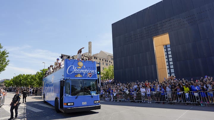 Oklahoma City Thunder guard Shai Gilgeous-Alexander gestures to the crowd as he passes the Oklahoma City National Memorial and Museum while the Thunder celebrates its first NBA Finals title with a parade throughout downtown Oklahoma City on Tuesday, June 24, 2025. Mandatory Credit: Bryan Terry/USA TODAY NETWORK via Imagn Images Oklahoma City Thunder guard Shai Gilgeous-Alexander gestures to the crowd as he passes the Oklahoma City National Memorial and Museum while the Thunder celebrates its first NBA Finals title with a parade throughout downtown Oklahoma City on Tuesday, June 24, 2025. Mandatory Credit: Bryan Terry/USA TODAY NETWORK via Imagn Images