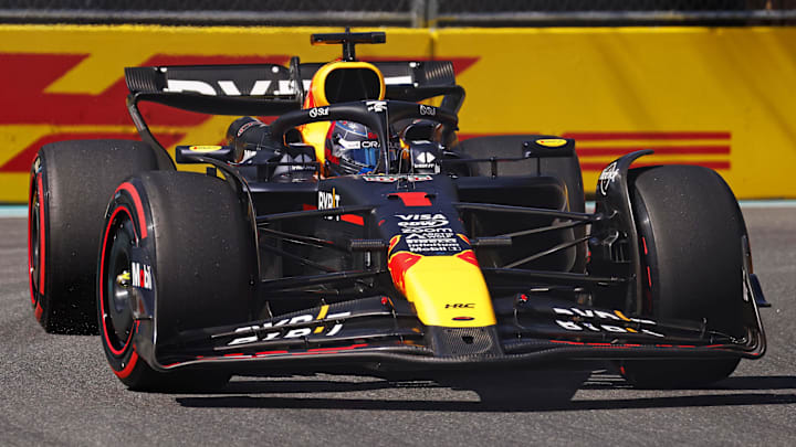 May 4, 2024; Miami Gardens, Florida, USA; Red Bull Racing driver Max Verstappen (1) during F1 qualifying for Miami Grand Prix at Miami International Autodrome. Mandatory Credit: Peter Casey-Imagn Images