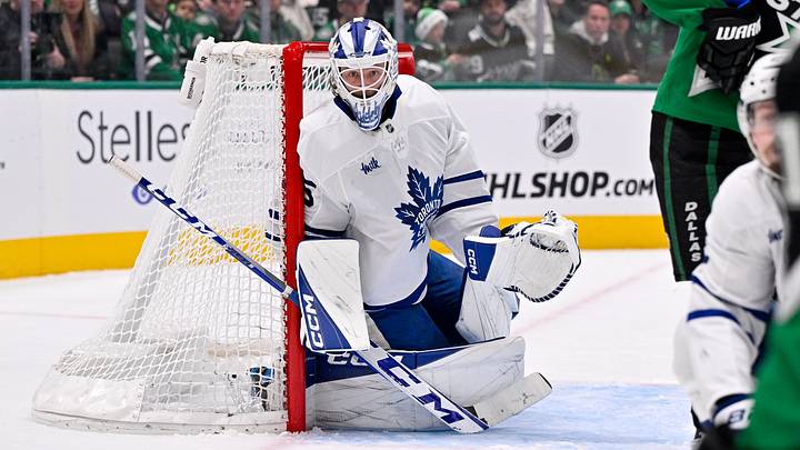 Dec 21, 2025; Dallas, Texas, USA; Toronto Maple Leafs goaltender Dennis Hildeby (35) faces the Dallas Stars attack during the game at the American Airlines Center. Mandatory Credit: Jerome Miron-Imagn Images Dec 21, 2025; Dallas, Texas, USA; Toronto Maple Leafs goaltender Dennis Hildeby (35) faces the Dallas Stars attack during the game at the American Airlines Center. Mandatory Credit: Jerome Miron-Imagn Images