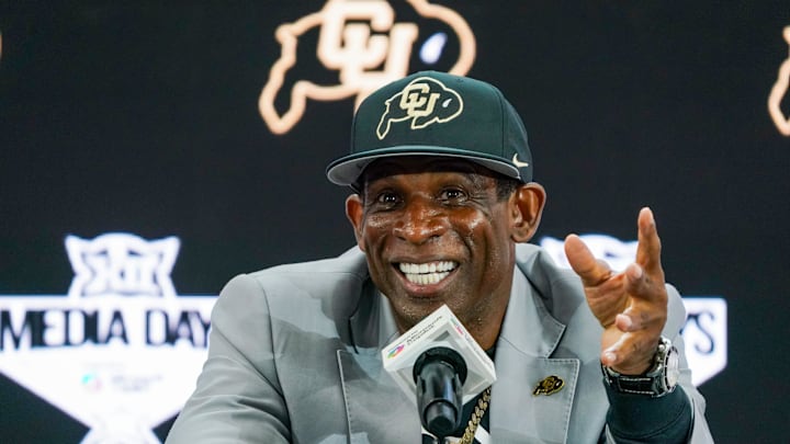 Colorado football coach Deion Sanders speaks with the media during 2025 Big 12 Football Media Days at The Star. 