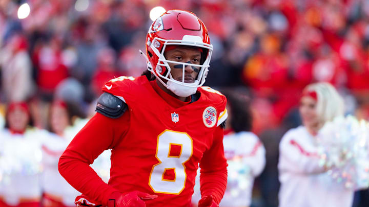 Jan 26, 2025; Kansas City, MO, USA; Kansas City Chiefs wide receiver DeAndre Hopkins (8) against the Buffalo Bills in the AFC Championship game at GEHA Field at Arrowhead Stadium. Mandatory Credit: Mark J. Rebilas-Imagn Images