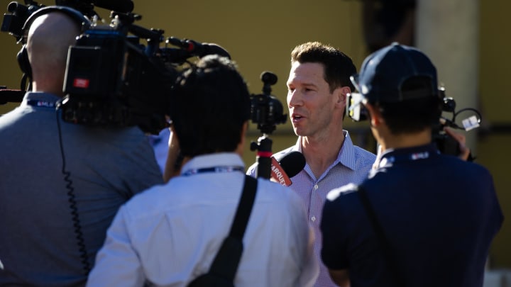 Nov 7, 2023; Scottsdale, AZ, USA; Boston Red Six chief baseball officer Craig Breslow speaks to the media during the MLB General Manager's Meetings at Omni Scottsdale Resort & Spa. Mandatory Credit: Mark J. Rebilas-USA TODAY Sports