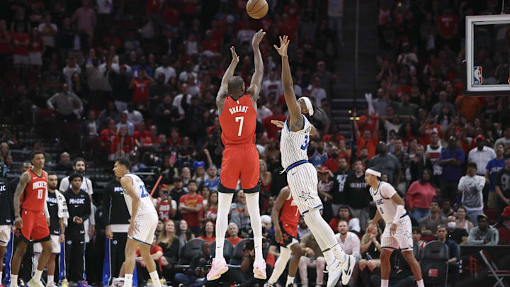 Nov 16, 2025; Houston, Texas, USA; Houston Rockets forward Kevin Durant (7) shoots and scores a basket as Orlando Magic center Wendell Carter Jr. (34) defends during the fourth quarter at Toyota Center. Mandatory Credit: Troy Taormina-Imagn Images