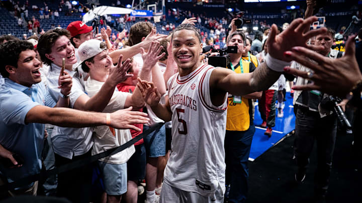 Arkansas guard Darius Acuff Jr. celebrates after advancing to the SEC tournament championship game.