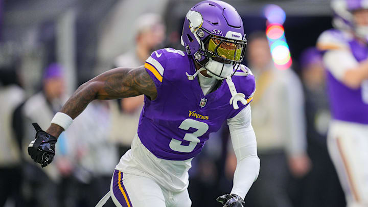 Dec 1, 2024; Minneapolis, Minnesota, USA; Minnesota Vikings wide receiver Jordan Addison (3) warms up before the game against the Arizona Cardinals at U.S. Bank Stadium.