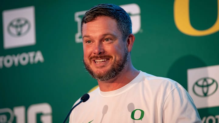 Oregon coach Dan Lanning speaks during Oregon football’s Media Day on July 28, 2025, at Autzen Stadium in Eugene.