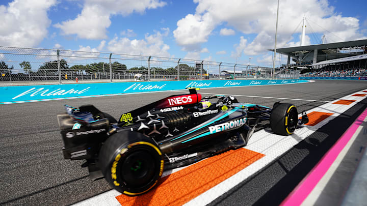 May 3, 2024; Miami Gardens, Florida, USA; Mercedes driver Lewis Hamilton (44) races out of turn 17