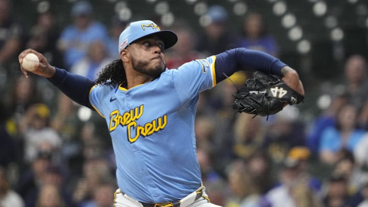Jun 13, 2025; Milwaukee, Wisconsin, USA; Milwaukee Brewers pitcher Freddy Peralta (51) delivers a pitch against the St. Louis Cardinals in the first inning at American Family Field. Mandatory Credit: Michael McLoone-Imagn Images