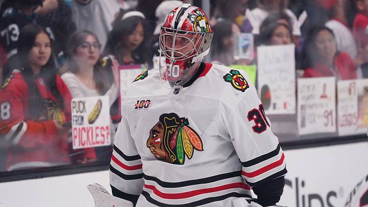 Apr 6, 2026; San Jose, California, USA;  Chicago Blackhawks goalie Spencer Knight (30) warms up before the game against the San Jose Sharks at SAP Center at San Jose. Mandatory Credit: David Gonzales-Imagn Images