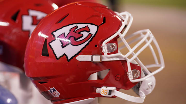 Dec 31, 2023; Kansas City, Missouri, USA; A general view of a Kansas City Chiefs helmet after the game against the Cincinnati Bengals at GEHA Field at Arrowhead Stadium. Mandatory Credit: Denny Medley-Imagn Images