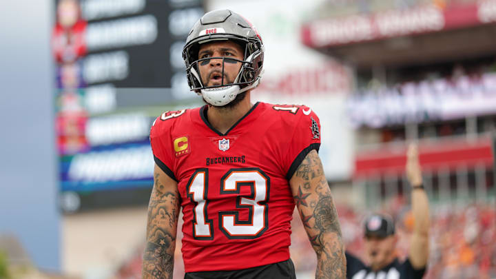 Dec 29, 2024; Tampa, Florida, USA; Tampa Bay Buccaneers wide receiver Mike Evans (13) celebrates after catching a pass for a two point conversion against the Carolina Panthers in the second quarter at Raymond James Stadium. Mandatory Credit: Nathan Ray Seebeck-Imagn Images