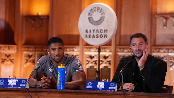 Anthony Joshua (left) and Boxing Promotor Eddie Hearn during a press conference on September 19, 2024.