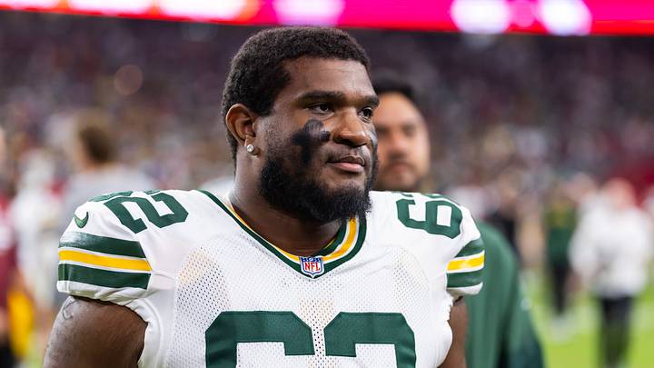 Green Bay Packers center Jacob Monk (62) looks on