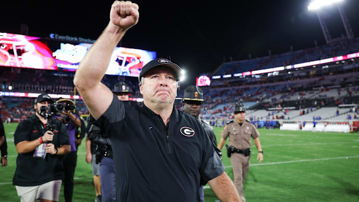 Nov 1, 2025; Jacksonville, Florida, USA; Georgia Bulldogs head coach Kirby Smart celebrates after the game against the Florida Gators at EverBank Stadium. Mandatory Credit: Matt Pendleton-Imagn Images