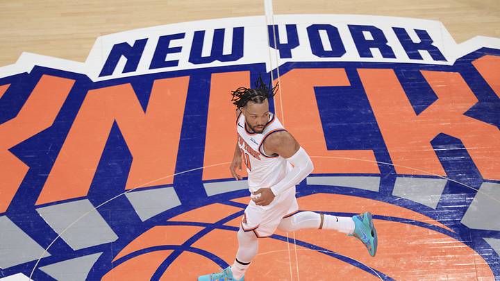 May 19, 2026; New York, New York, USA; New York Knicks guard Jalen Brunson (11) runs up the court during the first half of game one of the eastern conference finals for the 2026 NBA playoffs against the Cleveland Cavaliers at Madison Square Garden. Mandatory Credit: Vincent Carchietta-Imagn Images