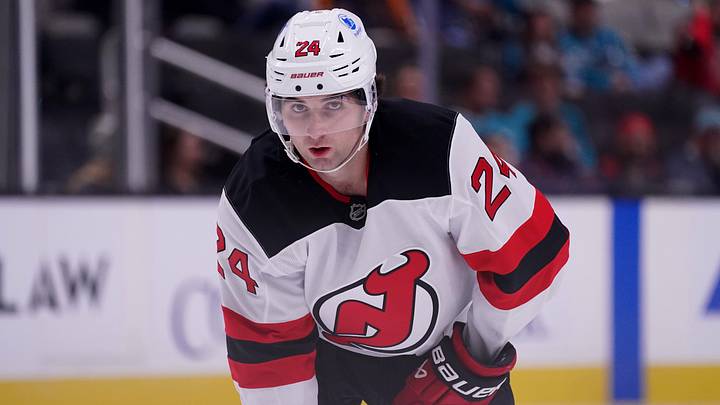 Oct 30, 2025; San Jose, California, USA; New Jersey Devils defenseman Seamus Casey (24) waits for play to resume in the second period against the San Jose Sharks at SAP Center at San Jose. Mandatory Credit: David Gonzales-Imagn Images Oct 30, 2025; San Jose, California, USA; New Jersey Devils defenseman Seamus Casey (24) waits for play to resume in the second period against the San Jose Sharks at SAP Center at San Jose. Mandatory Credit: David Gonzales-Imagn Images