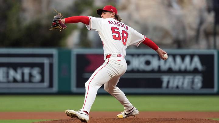 Aug 12, 2026; Anaheim, California, USA; Los Angeles Angels pitcher George Klassen (58) throws against the Texas Rangers at Angel Stadium. Mandatory Credit: Kirby Lee-Imagn Images Aug 12, 2026; Anaheim, California, USA; Los Angeles Angels pitcher George Klassen (58) throws against the Texas Rangers at Angel Stadium. Mandatory Credit: Kirby Lee-Imagn Images