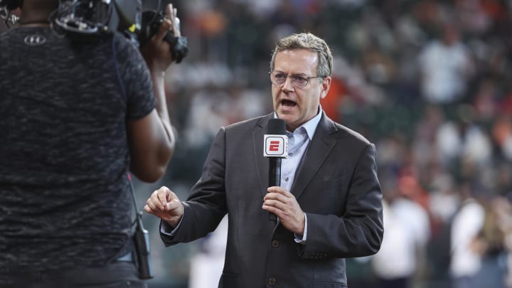 Apr 30, 2023; Houston, Texas, USA; Television reporter Buster Olney before the game between the Houston Astros and the Philadelphia Phillies at Minute Maid Park. Apr 30, 2023; Houston, Texas, USA; Television reporter Buster Olney before the game between the Houston Astros and the Philadelphia Phillies at Minute Maid Park.