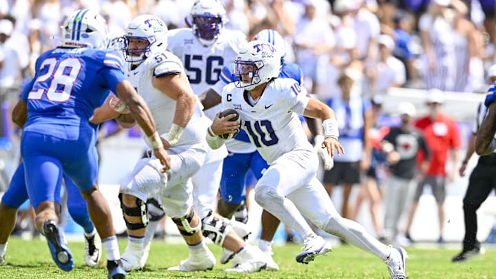 Sep 20, 2025; Fort Worth, Texas, USA; TCU Horned Frogs quarterback Josh Hoover (10) runs with the ball during the second half against the SMU Mustangs at Amon G. Carter Stadium. Mandatory Credit: Jerome Miron-Imagn Images
