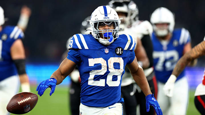 [US, Mexico & Canada customers only] Nov 9, 2025; Berlin, GERMANY; Indianapolis Colts running back Jonathan Taylor (28) celebrates his touchdown in overtime against the Atlanta Falcons during the Berlin Game at Olympic Stadium. Mandatory Credit: Lisi Niesner/Reuters via Imagn Images