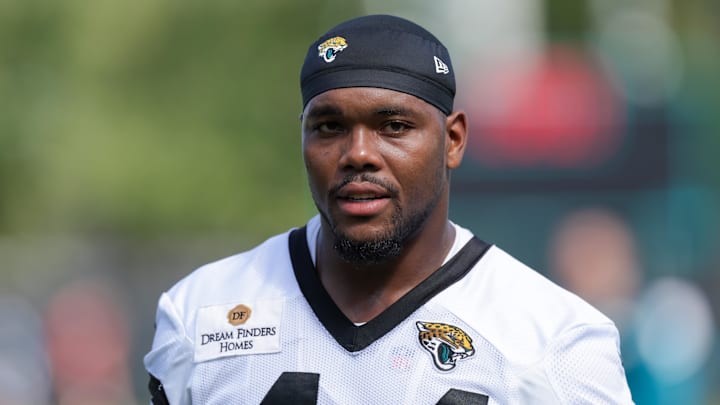 Jul 24, 2025; Jacksonville, FL, USA; Jacksonville Jaguars defensive end Travon Walker (44) participates in training camp at Miller Electric Center. Mandatory Credit: Nathan Ray Seebeck-Imagn Images