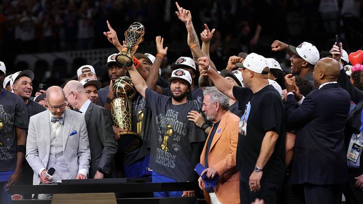 Jun 13, 2026; San Antonio, Texas, USA; New York Knicks guard Jalen Brunson celebrates with the Finals MVP trophy during the championship trophy presentation after game five of the 2026 NBA Finals against the San Antonio Spurs at Frost Bank Center. Mandatory Credit: Geoff Burke-Imagn Images Jun 13, 2026; San Antonio, Texas, USA; New York Knicks guard Jalen Brunson celebrates with the Finals MVP trophy during the championship trophy presentation after game five of the 2026 NBA Finals against the San Antonio Spurs at Frost Bank Center. Mandatory Credit: Geoff Burke-Imagn Images