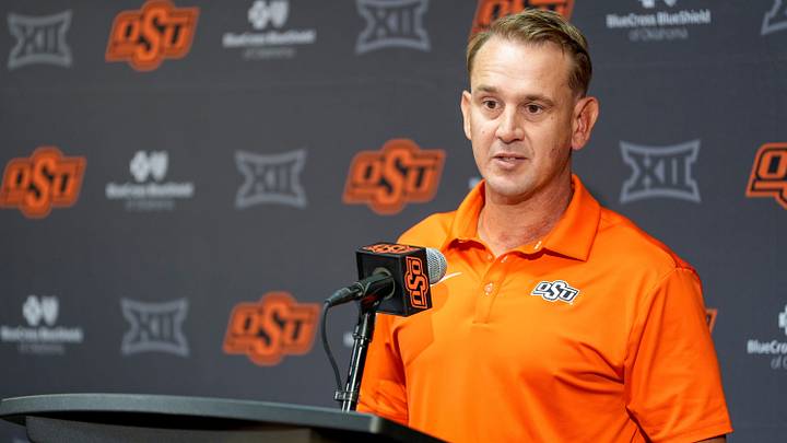 Oklahoma State head coach Eric Morris speaks during OSU Football Media Day in Stillwater, Okla., on Saturday, Aug. 8, 2026. Oklahoma State head coach Eric Morris speaks during OSU Football Media Day in Stillwater, Okla., on Saturday, Aug. 8, 2026.
