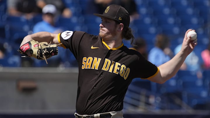 Mar 23, 2023; Phoenix, Arizona, USA; San Diego Padres pitcher Jay Groome (55) throws against the Milwaukee Brewers in the first inning at American Family Fields of Phoenix. Mandatory Credit: Rick Scuteri-Imagn Images